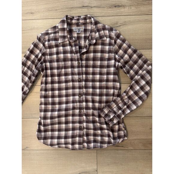 Carhartt Women's Tan Plaid Rugged Flex Hamilton Flannel Shirt S Small 4 6 - Picture 2 of 3